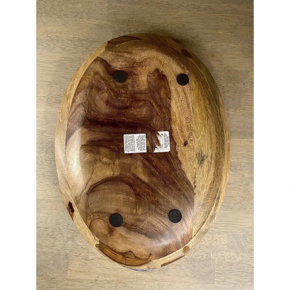 Vintage Pier 1 Wood Oval Serving Tray Pewter Leaf Twig Handle Charcuterie